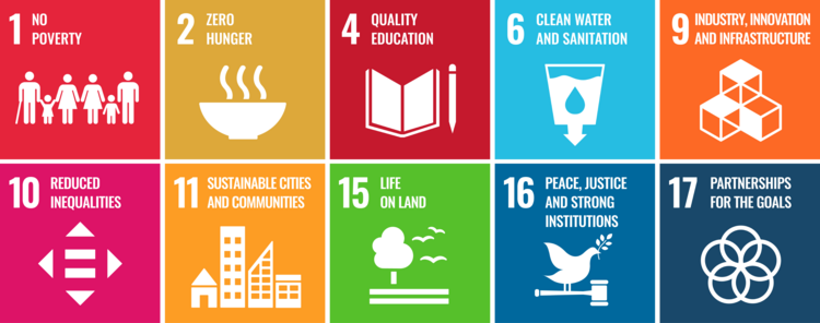 Afbeelding van de verschillende Sustainable Development Goals waar Erfgoedcel Mechelen op inzet. Deze worden getoond: 1 No poverty, 2 Zero hunger, 4 Quality education, 6 Clean water and sanitation, 9 Industry, innovation and infrastructure, 10 Reduced inequalities, 11 Sustainable cities and communities, 15 Life on land, 16 Peace, justice and strong institutions, 17 partnerships for the goals