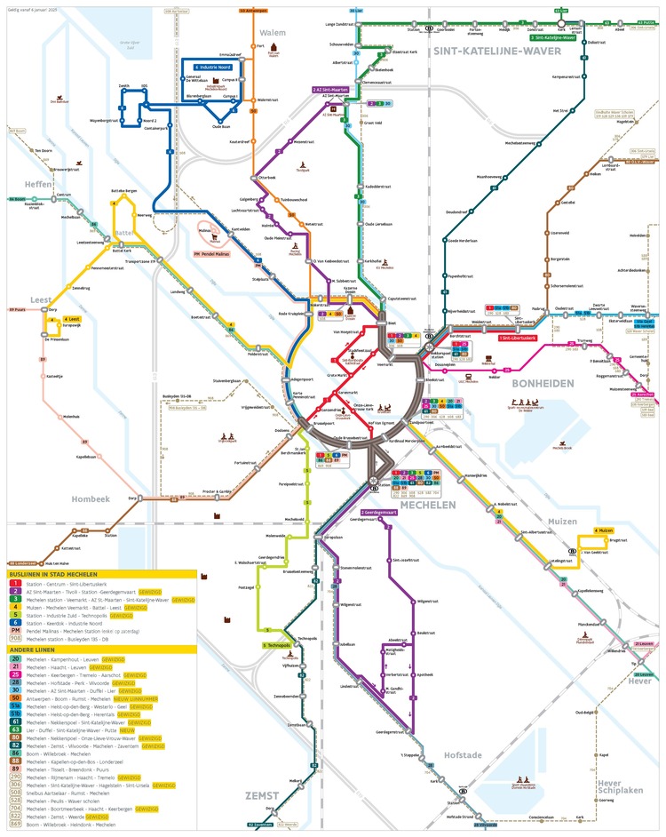 kaart met overzicht van alle buslijnen in Mechelen